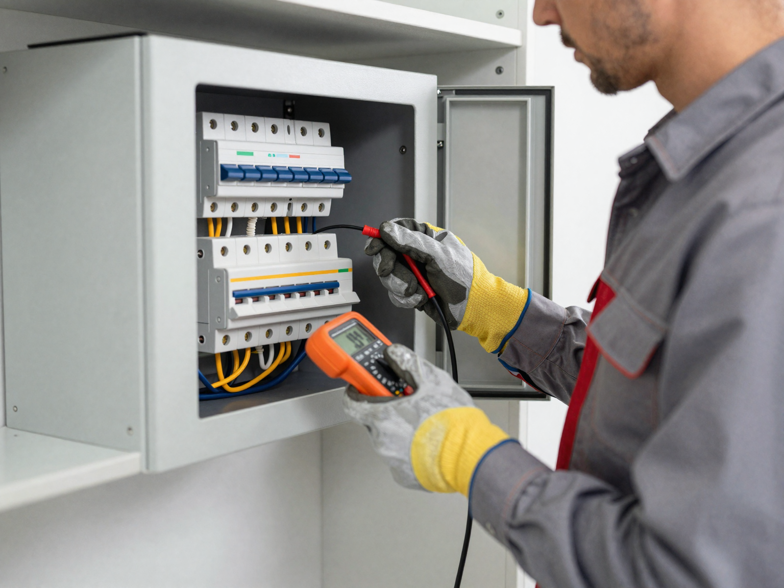 Electrician inspecting circuit breaker panel